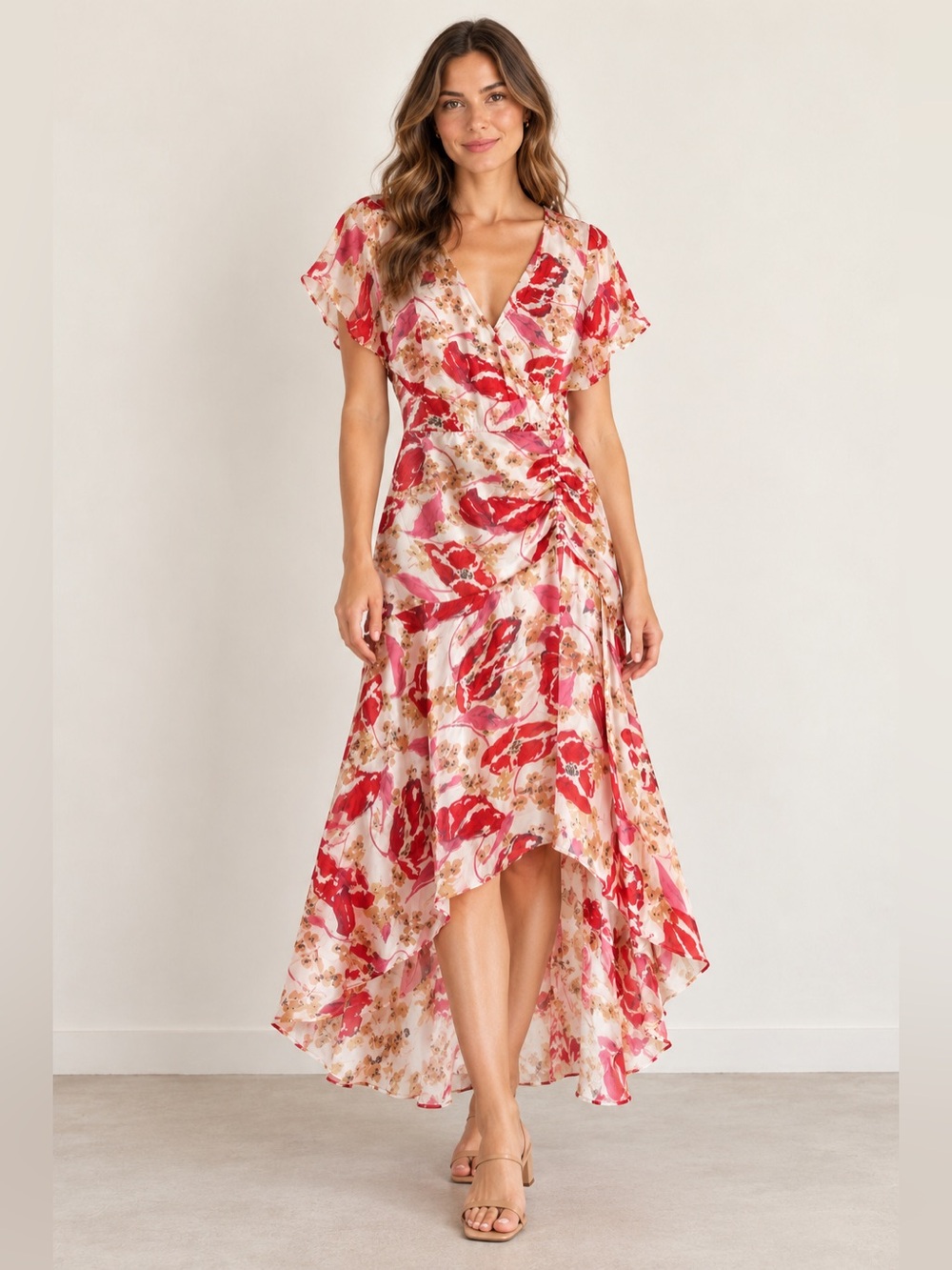 Parker 100% Silk Floral High-Low Dress —Red & Gold Bloom Print Dress EUC 2 #2060